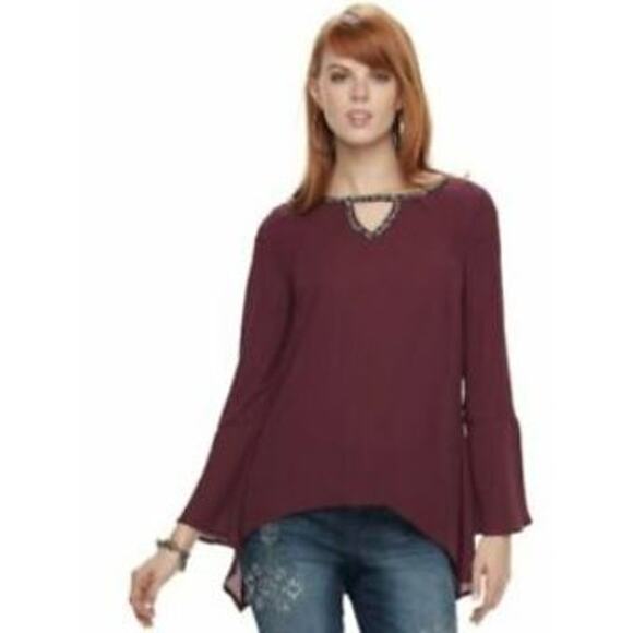 JUICY COUTURE Burgundy Bell Sleeve Rhinestone Trim Keyhole V-Neck Top Blouse XS - Picture 1 of 10